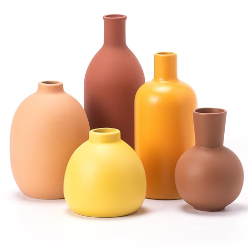 Ceramic Vase Set of 5, Neutral Modern Farmhouse Decorative Vases - color: Reddish Brown/Yellow/Orange/Yellow/Brown