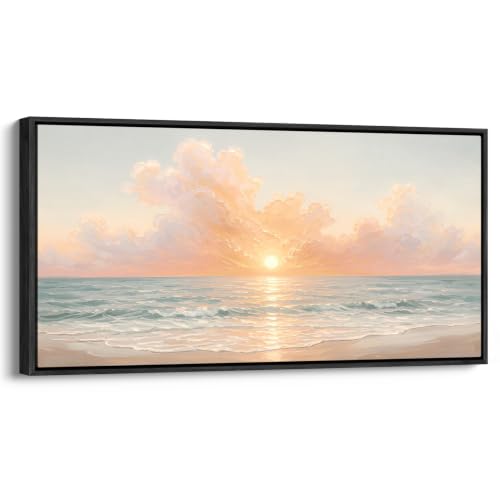 wall26 Extra Large Framed Wall Art Canvas Print - Soft Pastel Sunset Beach Coastal Seascape - Contemporary Artwork for Living Room Bedroom Office - 60"x30" Black - color: A07-2607-YUK17, size: 60"L x 30"W, style: Black Frame