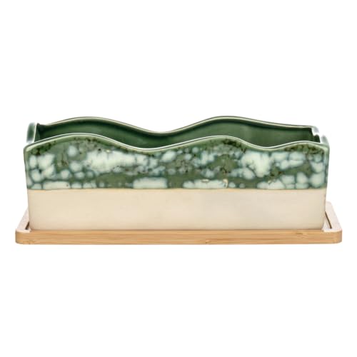 MyGift Beige Green Ceramic Glazed Rectangular Succulent Planter Pot - size: 10 Inch