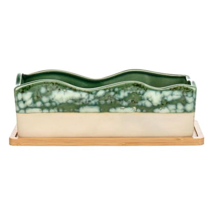 MyGift Beige Green Ceramic Glazed Rectangular Succulent Planter Pot - size: 10 Inch
