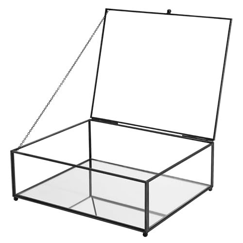 REDHUGO Large Glass Boxes for Display Handmade, Mirrored Bottom, Black | Handmade Glass Display Box with Mirrored Bottom and Lid, Ideal for Jewelry, Trinkets, Photos, Keepsakes and Vanity Decor - color: Black, size: High: 10.4"L × 8.5"W × 3.7"H