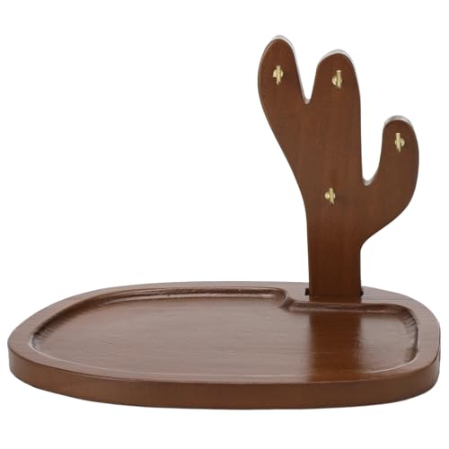 Key Tray for Entryway Table, Acacia Wooden Key Holder Stand with 4 Hooks and Storage Tray, Cactus-Shaped Organizer, Decorative Catchall for Glasses, Watch, Perfume, Jewelry