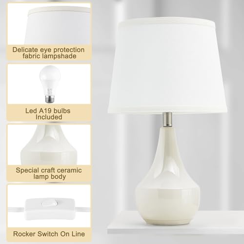 GyroVu 18" Table Lamp Set of 2, Ceramic Table Lamp Classic Beside Lamps Nightstand Lamp Modern Lamp for Living Room, Bedroom & Office Rocker Swtich Cream-LED Bulbs Included - color: 18.63" Ceram