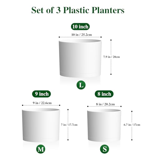 Plant Pots, 10/9/8 Inch 3 Pack Cylindrical Flower Pots with Drainage Holes and Saucers, Plastic Planters for Outdoor Indoor Plants,White - color: White