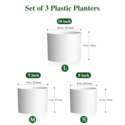 Plant Pots, 10/9/8 Inch 3 Pack Cylindrical Flower Pots with Drainage Holes and Saucers, Plastic Planters for Outdoor Indoor Plants,White - color: White
