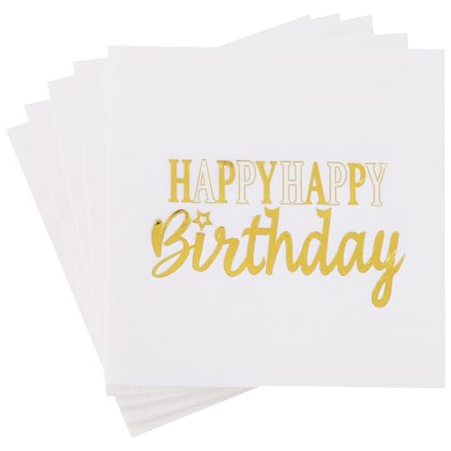 Vuzvuv 52 Pack Funny Happy Happy Birthday Cocktail Napkins with Gold Stamping - Birthday Party Dinner Hand Napkin for Party Supplies Decorations Table Decor for women man(5" Folded 3 Ply-White) - color: Happy HBD White