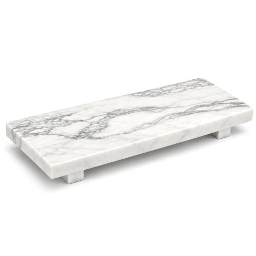 White Marble Pedestal Tray, 13.8-Inch Bathroom Vanity Counter Organizer - color: White Marble-13.8 in