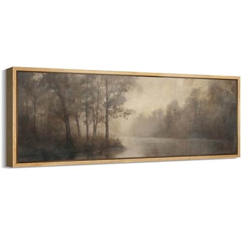 MUDECOR Large Framed Canvas Print Wall Art Misty Forest Lake Soothing Foggy Landscape Fine Art Illustrations Decorative Colorful for Bedroom - 60"x20" - color: Ab03-2508-yuk07, size: 60"L x 20"W
