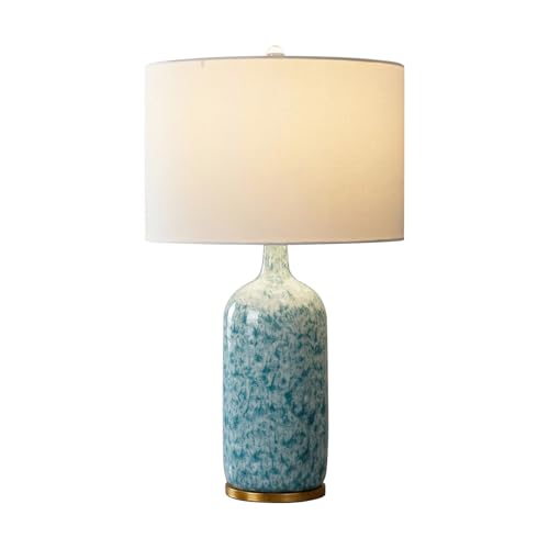 Modern Farmhouse Ceramic Table Lamp, 26" Tall Blue & White Kiln Glaze Bedside Lamp with Linen Shade, Contemporary Accent Lamp for Living Room Bedroom - color: Blue