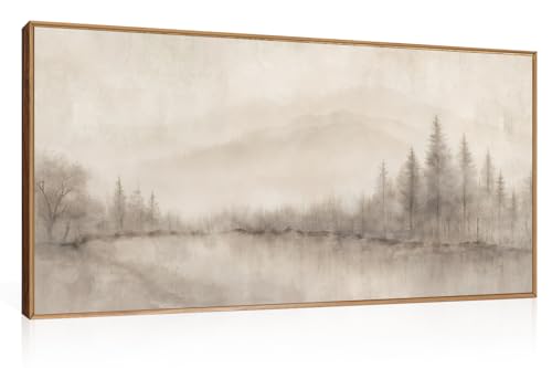 Aurlan Large Abstract Misty Lake Tree Framed Canvas Wall Art Set-40"x20" | Neutral Soft Woodland Landscape Wall Decor,Minimalist Modern Forest Lakes Artwork for Living Room,Bedroom,Farmhouse - color: Misty Lake Tree Wall Art, size: 40"L x 20"W