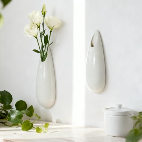 White Ceramic Wall Vases, Set of 2, 7.9 Inch, Teardrop Design - color: 2pcs-medium
