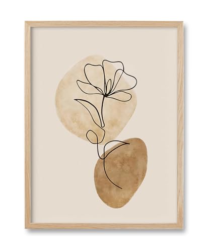 HesenDot Natural OAK Wood Floral Line Drawing Framed Wall Art, 12x16in - color: Boho Floral Line