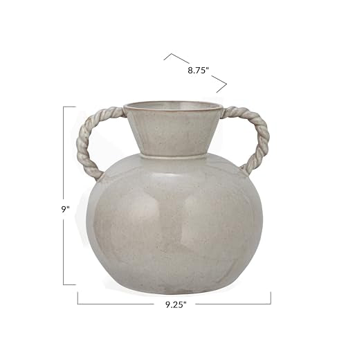 9.25 Inches Stoneware Vase with Twisted Handles and Reactive Glaze, Cream Color - color: Cream