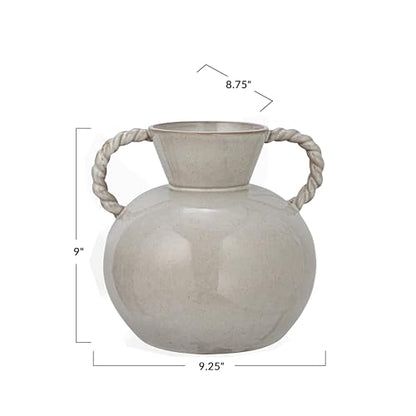 9.25 Inches Stoneware Vase with Twisted Handles and Reactive Glaze, Cream Color - color: Cream