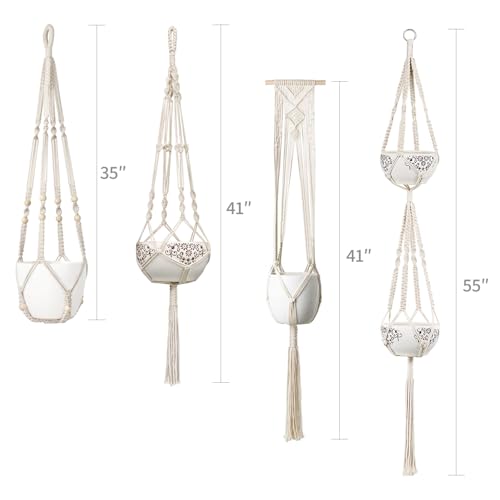 Mkono Macrame Plant Hangers Indoor Set of 4 Hanging Planter Basket Ivory - color: Ivory