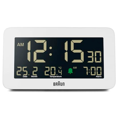 Braun Digital Alarm Clock with Date, Month and Temperature Displayed, Negative LCD Display, Quick Set, Crescendo Beep Alarm in White, Model BC10W. - color: White
