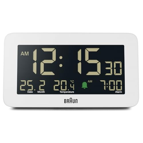 Braun Digital Alarm Clock with Date, Month and Temperature Displayed, Negative LCD Display, Quick Set, Crescendo Beep Alarm in White, Model BC10W. - color: White