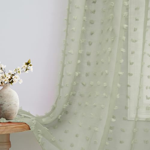DANCURTON Sage Green Sheer Curtains 84 Inch Length 2 Panels Boho Pom Pom Sheer Window Drapes for Living Room Bedroom Design Back Tab Farmhouse Vintage Rustic Greyish Green Spring Decor Curtain 52x84 - color: Sage Green, size: 52"W x 84"L (Pack of 2)