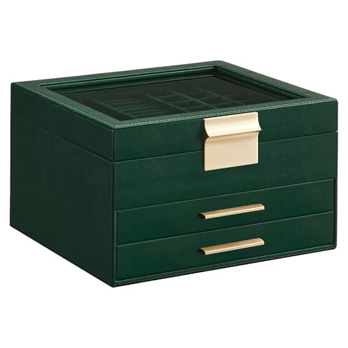 SONGMICS Jewelry Box Organizer, 3-Layer Storage with 2 Drawers, Glass Lid - color: Forest Green + Gold, size: 3 Layer (8"d X 9.1"w)