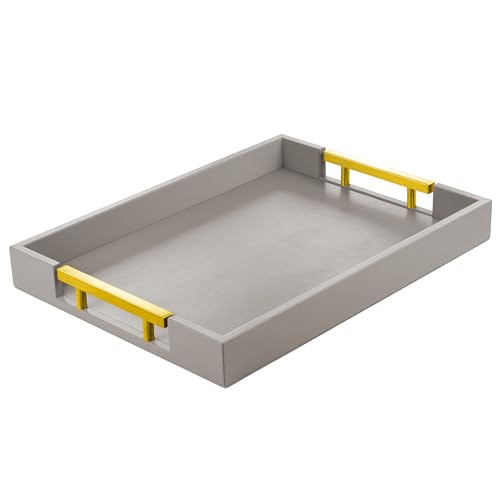 ATZYmolin Leather Serving Tray, Gold Handles Vanity Platter, Grey - color: Grey With Glod Handle