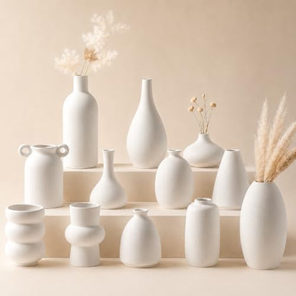 Set of 12 White Ceramic Vase for Pampas Grass Flowers, Japandi Small Vases in Bulk for Wedding Centerpieces, Shelf and Table Decorations, Living Room and Bedroom Decor, DIY Gift - size: Set of 12