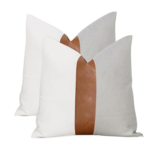 18x18 Faux Leather Patchwork Pillow Cover, Grey, White & Brown, 2PC | Color block design, heavy cotton canvas, vintage brown accent, reversible pattern, modern farmhouse living room couch, bed. - color: Light Grey, size: 18" x 18" (Pack of 2)