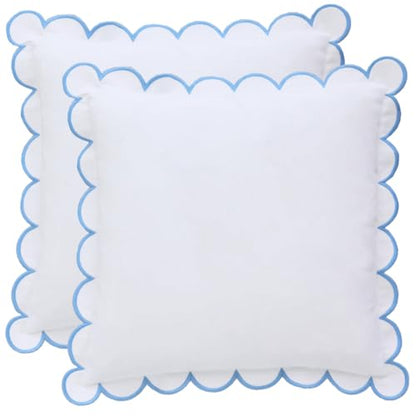 BEBE BASK Scalloped Pillow Cover Set of 2, 18x18, 100% Cotton - White/Blue - color: White/Blue