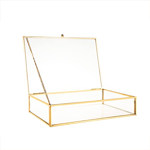 Feyarl Gold Glass Photo Cards Display Box Jewelry Trinket Ring Earring Post Cards Decorative Keepsake Box for Wedding Home Deco Dresser Coffee Table (8.66 x 5.9 x 1.96inch)