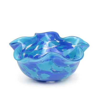 Murano Style Art Glass Bowl Hand Blown Blue Confetti Effect Home Decor - color: Blue Waved