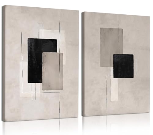 Kdyudo 2 Pcs Large Minimalist Block Line Canvas Framed Wall Art Neutral Abstract Print Poster Wall Decor Black Beige And Brown Geometric Square Line Painting Pictures Living Room Bedroom 12x16 Inch - color: Minimalist block lines, size: 12x16 Inch
