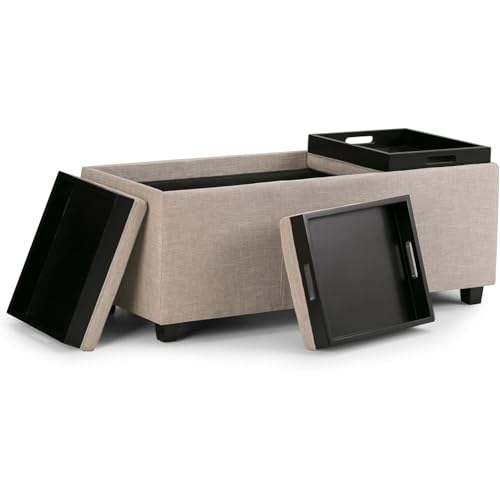 SIMPLIHOME Avalon 42" Wide Linen Look Fabric Storage Ottoman in Natural - color: Natural