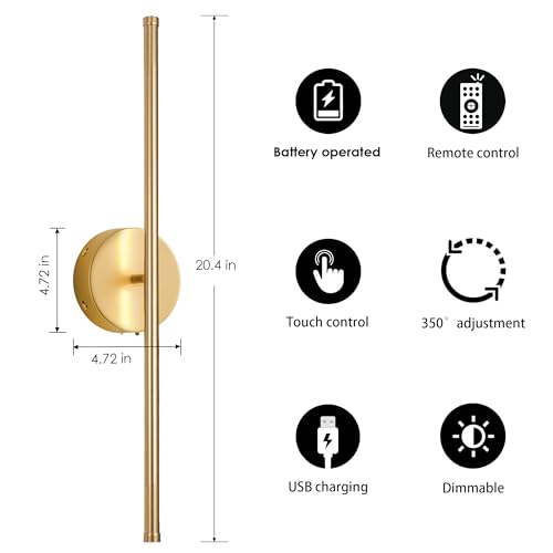 KARTOOSH Battery Operated Wall Sconces Set of Two Wireless Wall Lights - color: Gold, size: 20.4 Inches