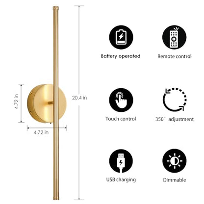KARTOOSH Battery Operated Wall Sconces Set of Two Wireless Wall Lights - color: Gold, size: 20.4 Inches