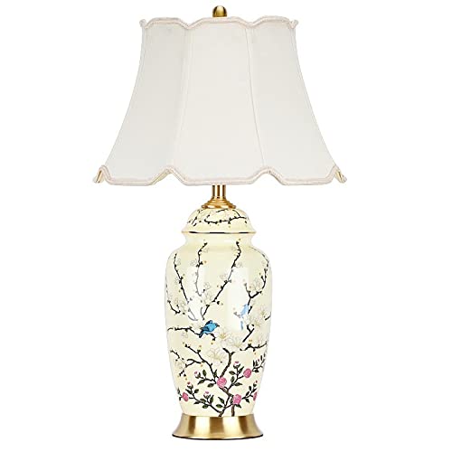Flower Bird Ceramic Table Lamp, Rustic Vintage White 26.7" Tall Coastal Bedside lamp, Ceramic Lamp Body with Fabric Tapered Drum Shade for Living Room Bedroom House Bedside Nightstand Home