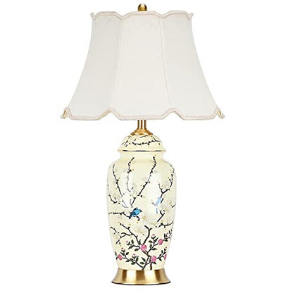 Flower Bird Ceramic Table Lamp, Rustic Vintage White 26.7" Tall Coastal Bedside lamp, Ceramic Lamp Body with Fabric Tapered Drum Shade for Living Room Bedroom House Bedside Nightstand Home