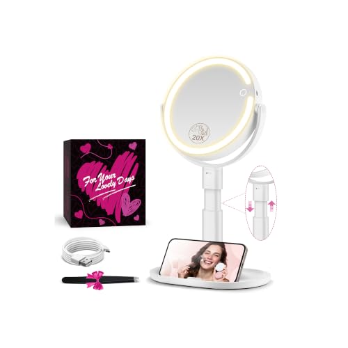 MOMOKUBA Makeup Mirror with Lights, 20X Magnifying Mirrors, Height Adjustable, Vanity Mirror with Lights Rechargeable 3 Color Modes, Double-Sided Detachable Travel Mirrors, Gift for Women, White - color: White