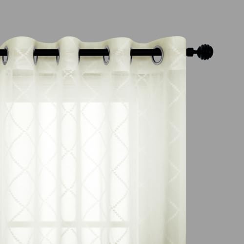 KOUFALL Quatrefoil Sheer Curtains 63 Inch Length for Living Room Cream Beige Grommet Airy Semi Sheer Curtains Faux Linen Texture Light Filtering Square Pattern Set 2 Panels Drapes for Family Room - color: Cream Beige, size: 52"W x 63"L (Pack of 2)