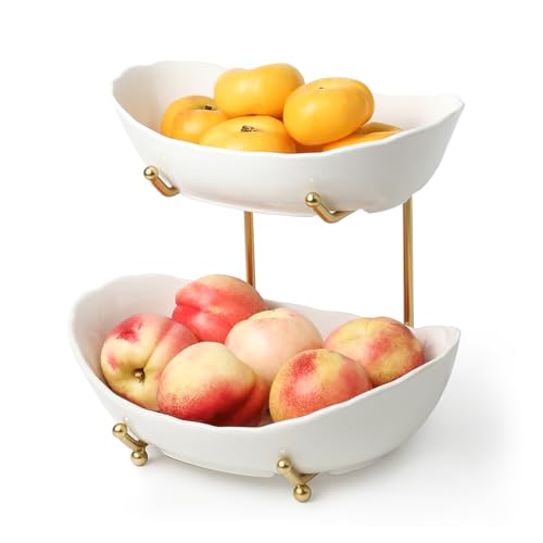 Kanwone Fruit Bowl for Kitchen Counter - 2 Tier with No Assembly Gold Stand & White Ceramic Bowls, Tiered Fruit Basket for Storage, Vegetables, Cake Display, Party Serving & Home Decor - size: 2 Tier