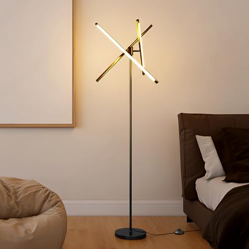 NUÜR Modern Black Floor Lamp, Dimmable LED Standing Lamp with Remote - style: 3-Bar Linear Black Floor Lammp
