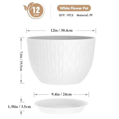 WSMKSZ 12 Inch Large Plant Pots for Indoor or Outdoor Plants, Wide Water Ripples Flower Pots with Drainage Holes & Saucer, Plastic Planters Set for Garden & Home Decor (White) - color: White