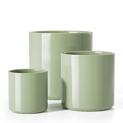 LE TAUCI 10+8+6 Inch Ceramic Pots for Plants, Indoor Planters with Drainage Hole and Plug, Modern Cylinder Flower Pots Set of 3 for Living Room and Kitchen, Glossy, Sage Green - color: Sage Green