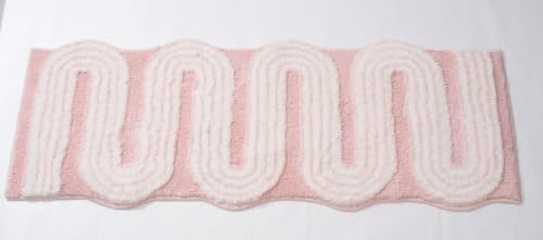 Geometric Design Boho Runner Bathroom Rugs, Long Scalloped Cute Bath Mat Non Slip for Bedroom Kitchen Hallway Laundry Room, Funky Retro Farmhouse Bath Rug Washable, Pink, 51"x20" - color: Pink, size: 1'8" x 4'3" (Rectangular)