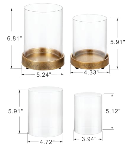 Set of 2 Glass Hurricane Candle Holders for Pillars with Minimalism Metal Base in Antique Gold, Glass Candle Holder, Centerpiece, for Weddings, Dinner Parties, Dining Tables, Console Tables, Mantels - color: Antique Gold, size: Set of 2 Minimal Base