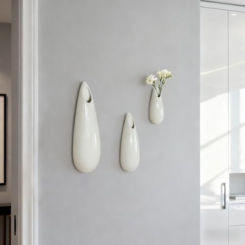 White Ceramic Wall Vases, Set of 2, 12 Inch, Teardrop Design - color: 3pcs-small&medium&large