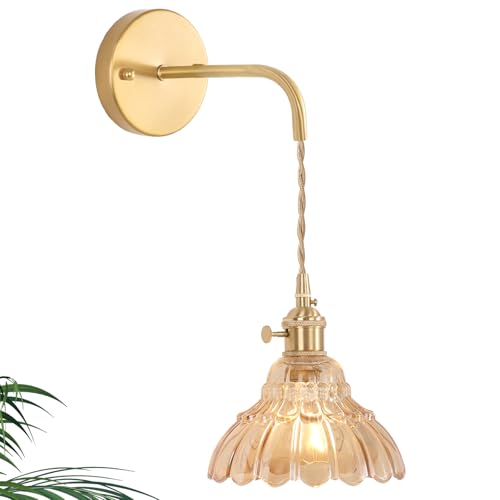 Shenmoyl Vintage Wall Sconce with Amber Lily of the Valley Shade Pattern Glass Adjustable Chain Retro Gold Wall Mounted Light, Modern Wall Lamp Fixtures Decor for Bedside Bedroom Indoor Doorway - color: Lily of the Valley-Amber, size: 1Pack-Hardwired