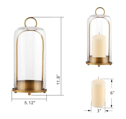 12" High Versatile Modern Metal Hurricane Lantern with Handmade Sturdy Glass Dome in Antique Brass for Pillar Candle & Plants, Industrial, Farmhouse, Shabby Chic (Brass, 5"x12") - color: Brass, size: 5"x12"