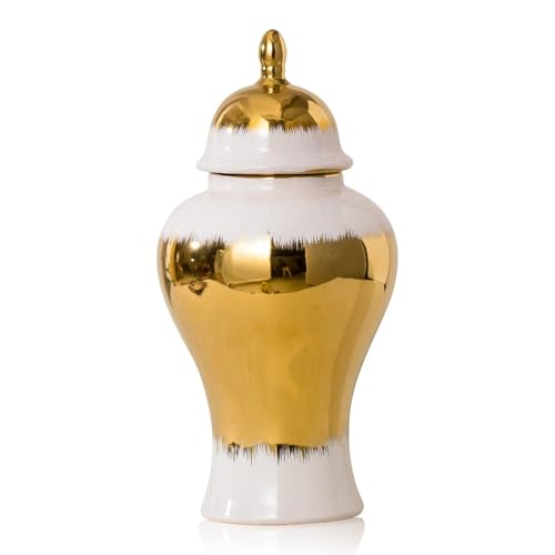 Ginger Jar, White Ceramic Ginger Jar Vase with Gold Trim, White and Gold Vase for Decor Kitchen, Bookshelf Decor, Storage jar, Table Center Large Vase, Temple Jar(18in - color: White and Gold-02, size: 18 inch