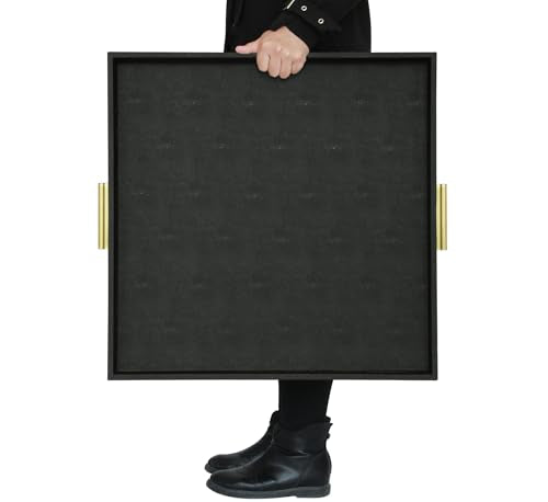 HofferRuffer Extra Large Square Serving Tray, Elegant Faux Leather Ottoman Tray with Gold Hardware Handles, Serve Tea, Coffee or Breakfast in Bed, 24 x 24 inches (Black Shagreen) - color: Black, size: 24" x 24" x 2"