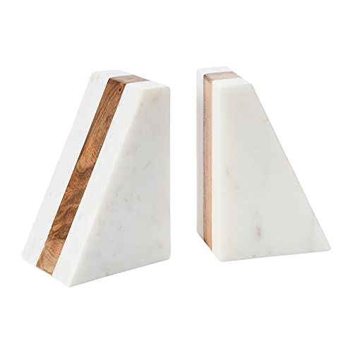 Main + Mesa Marble Geometric Bookends with Wood Inlay, White - size: 4" wide x 6" tall x 3" deep