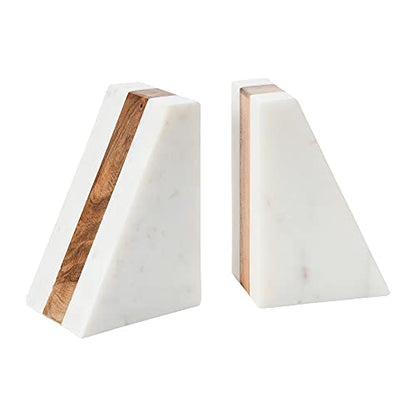 Main + Mesa Marble Geometric Bookends with Wood Inlay, White - size: 4" wide x 6" tall x 3" deep